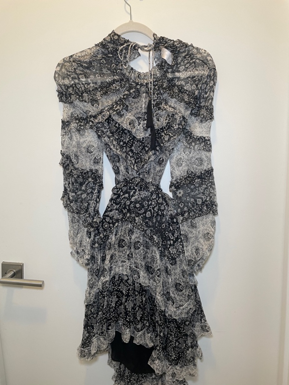Zimmermann Black & White Floral Ruffle Long-Sleeve Dress